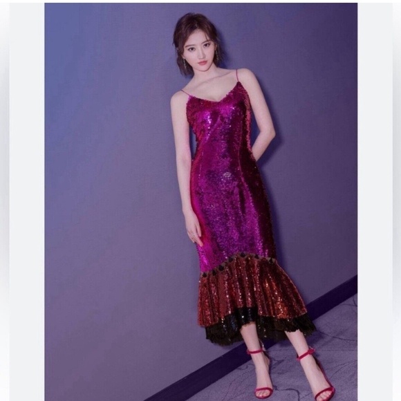 NWT SACHIN & BABI | Maslak Sequined Flounce Hem Midi Dress in Fuchsia | Size 0 - Picture 2 of 16